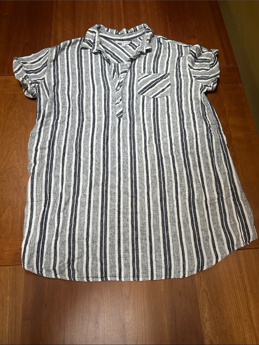 Adrienne Vittadini Gray & White Striped Linen-Blend Button Tunic XXL